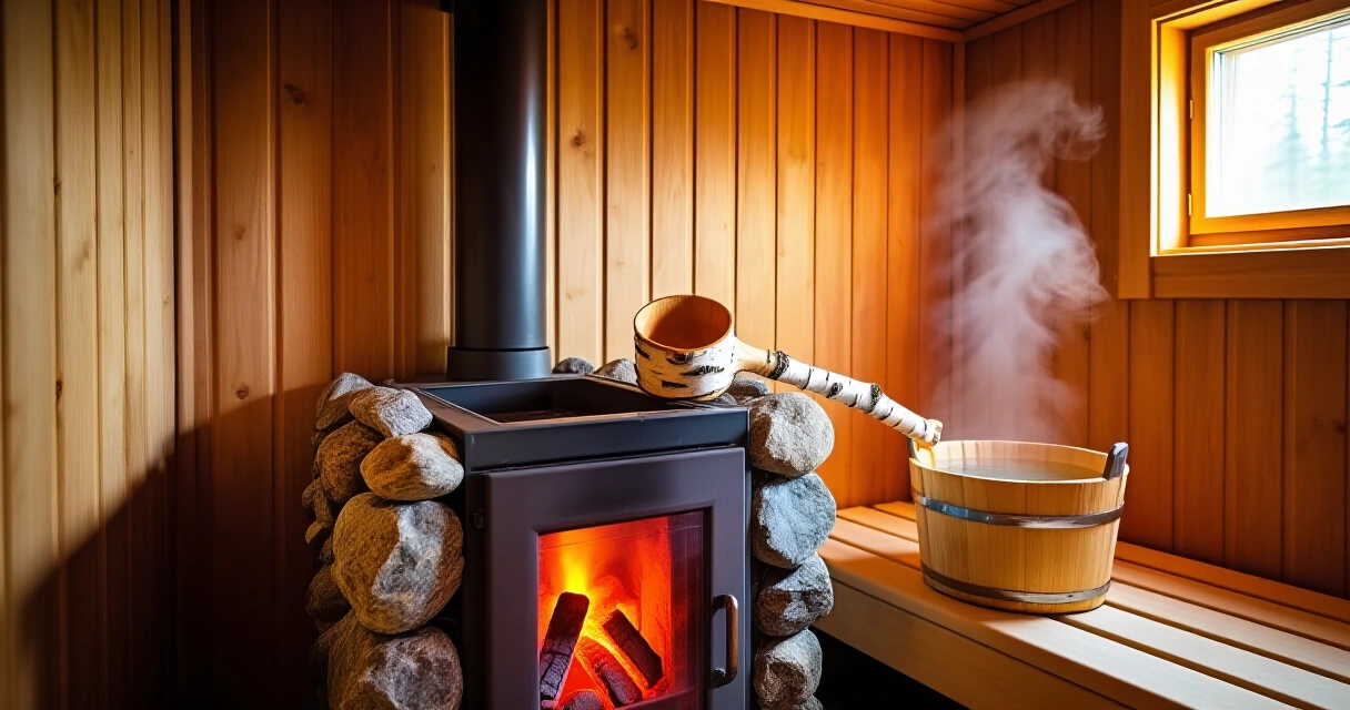 Perinteinen suomalainen sauna kiukaalla ja koivuämpärillä höyryävässä löylyssä