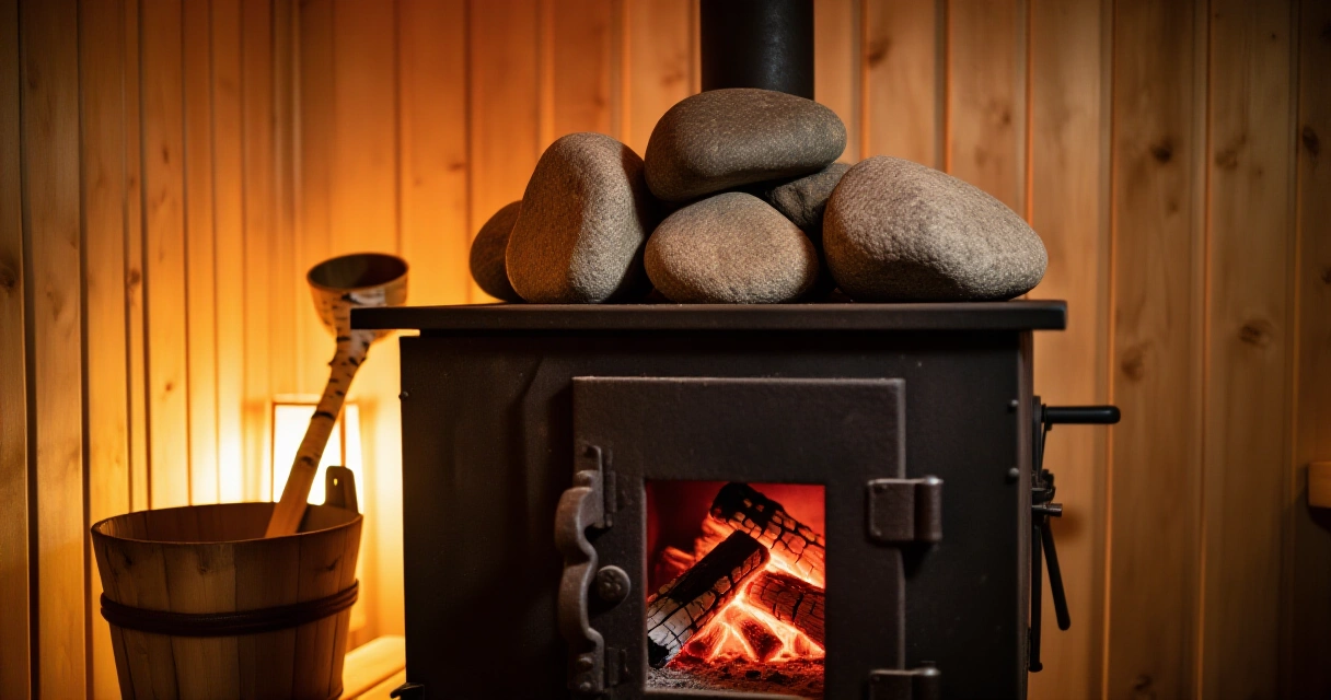 Perinteinen puulämmitteinen sauna uuni kivineen vanhassa hirsihuoneessa
