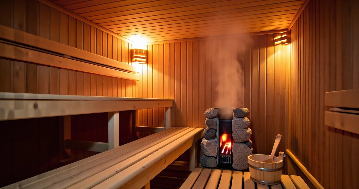 Perinteinen suomalainen sauna kiukaalla ja puulauteilla