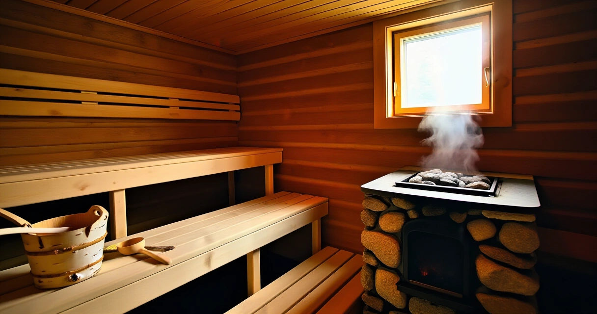 Perinteinen suomalainen sauna puulauteineen ja kiukaalla, löylyä nousee kivistä